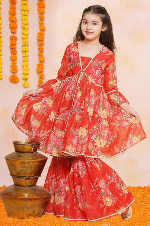 Girl's Red Floral Printed Silk Kurta Set