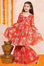 Girl's Red Floral Printed Silk Kurta Set