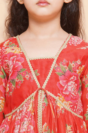 Girl's Red Floral Printed Silk Kurta Set