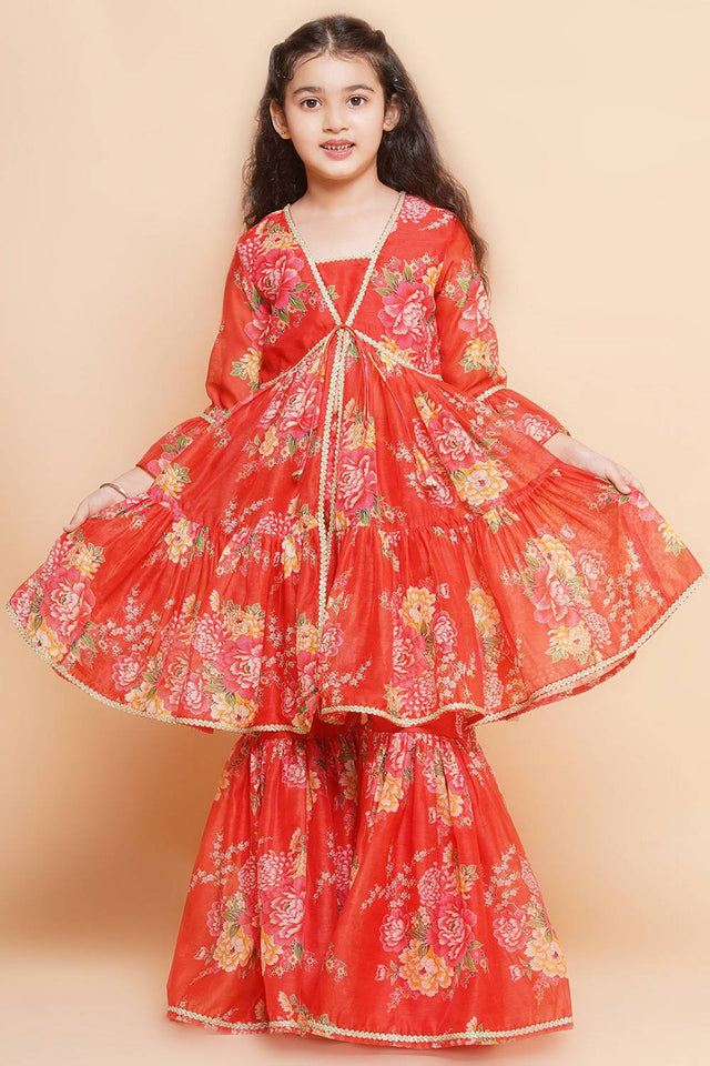 Girl's Red Floral Printed Silk Kurta Set