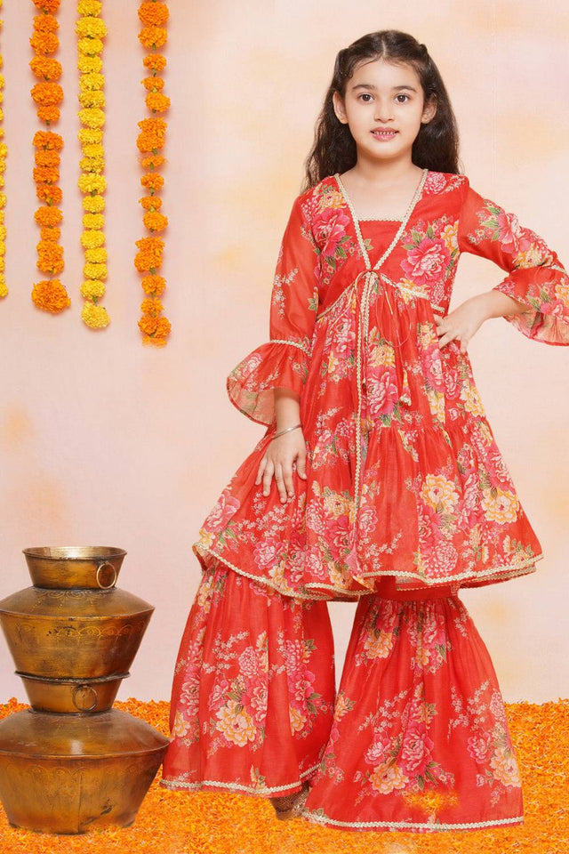 Girl's Red Floral Printed Silk Kurta Set