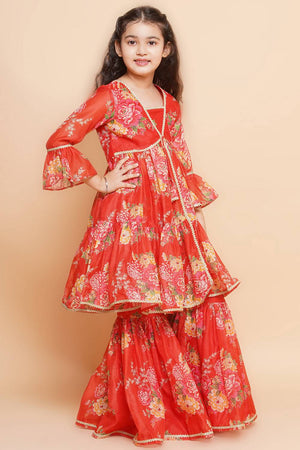 Girl's Red Floral Printed Silk Kurta Set