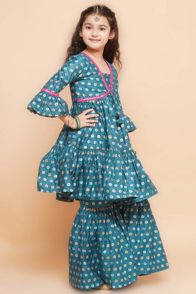 Girl's Turquoise Printed Silk Kurta Set