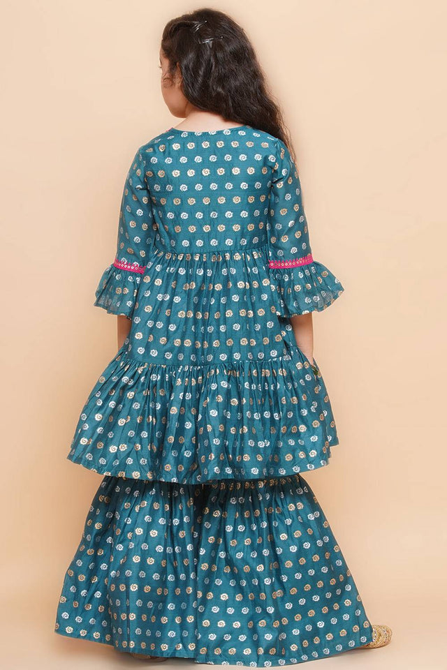 Girl's Turquoise Printed Silk Kurta Set