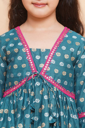 Girl's Turquoise Printed Silk Kurta Set