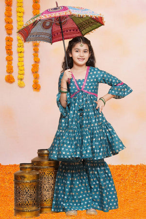 Girl's Turquoise Printed Silk Kurta Set