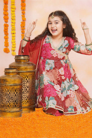 Girl's Maroon Floral Printed Silk Kurta Set