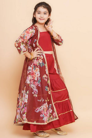 Girl's Maroon Floral Printed Silk Kurta Set