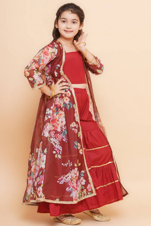 Girl's Maroon Floral Printed Silk Kurta Set