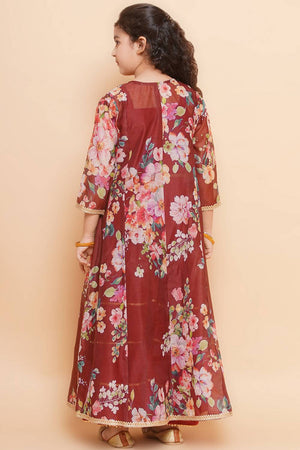 Girl's Maroon Floral Printed Silk Kurta Set