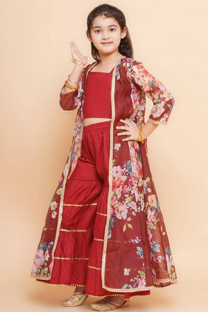 Girl's Maroon Floral Printed Silk Kurta Set