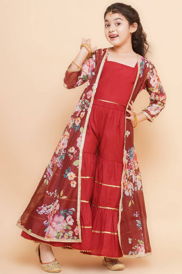 Girl's Maroon Floral Printed Silk Kurta Set