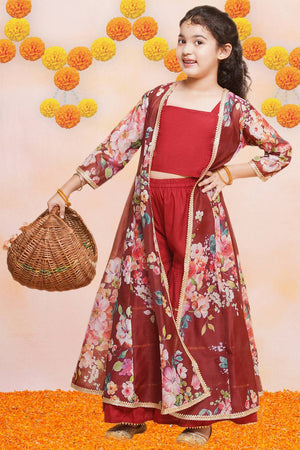 Girl's Maroon Floral Printed Silk Kurta Set