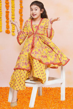 Girl's Yellow Floral Printed Cotton Kurta Set
