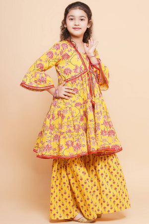 Girl's Yellow Floral Printed Cotton Kurta Set