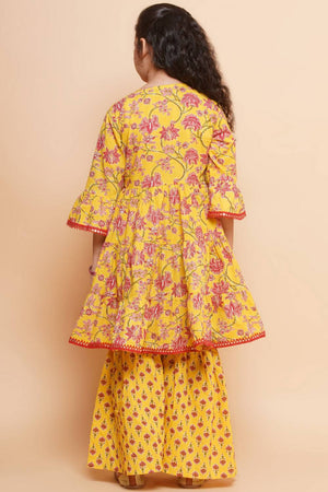 Girl's Yellow Floral Printed Cotton Kurta Set