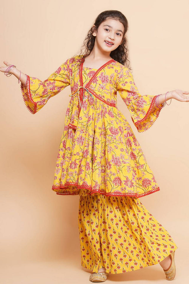 Girl's Yellow Floral Printed Cotton Kurta Set