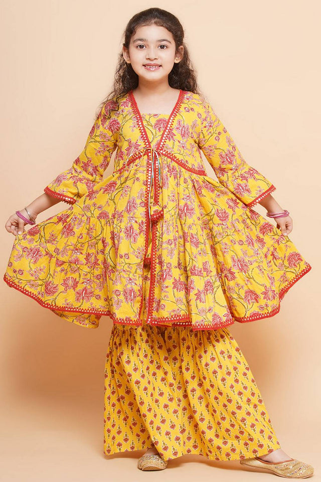 Girl's Yellow Floral Printed Cotton Kurta Set