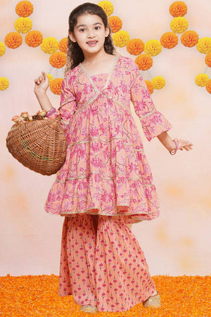 Girl's Peach Floral Printed Cotton Kurta Set