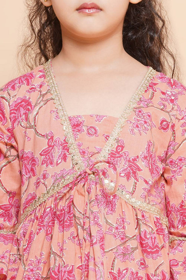 Girl's Peach Floral Printed Cotton Kurta Set