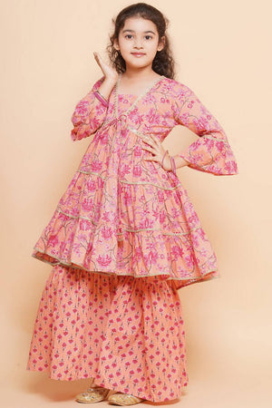 Girl's Peach Floral Printed Cotton Kurta Set