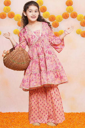 Girl's Peach Floral Printed Cotton Kurta Set