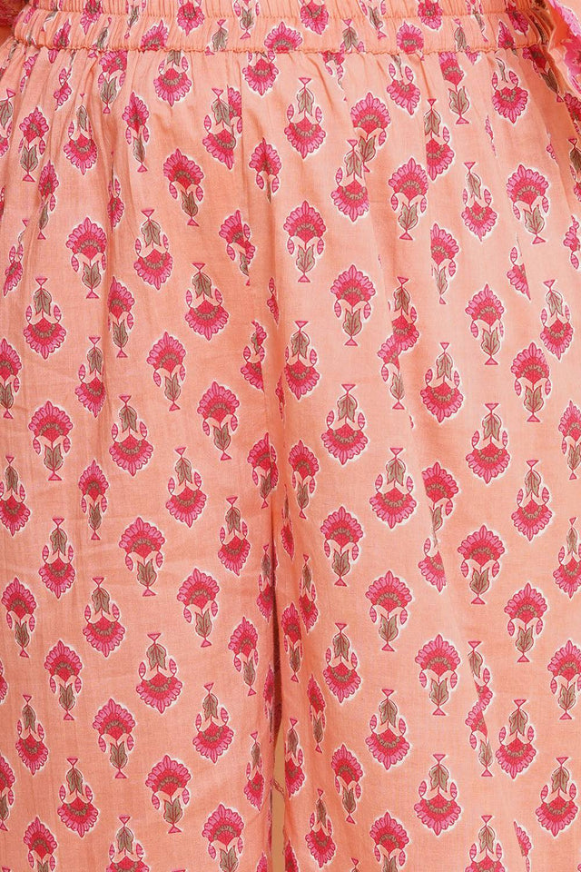 Girl's Peach Floral Printed Cotton Kurta Set