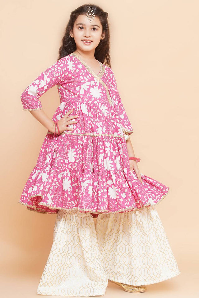 Girl's Pink Floral Printed Cotton Kurta Set