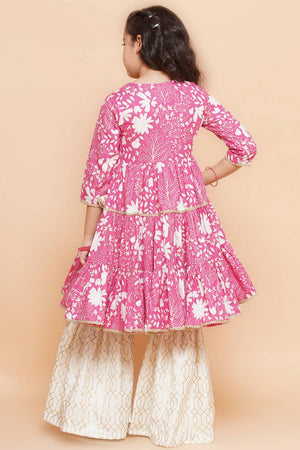 Girl's Pink Floral Printed Cotton Kurta Set