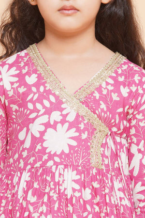 Girl's Pink Floral Printed Cotton Kurta Set