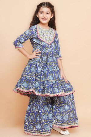 Girl's Blue Floral Printed Cotton Kurta Set