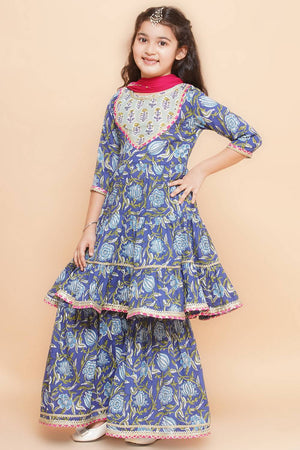 Girl's Blue Floral Printed Cotton Kurta Set