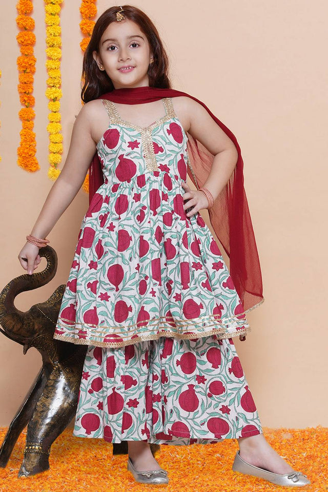 Girl's White Floral Printed Cotton Kurta Set