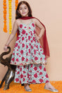 Girl's White Floral Printed Cotton Kurta Set