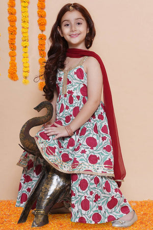 Girl's White Floral Printed Cotton Kurta Set