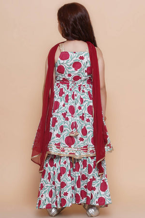 Girl's White Floral Printed Cotton Kurta Set