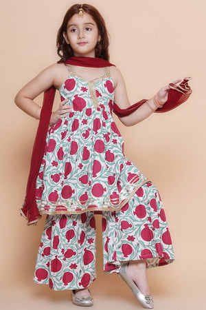 Girl's White Floral Printed Cotton Kurta Set