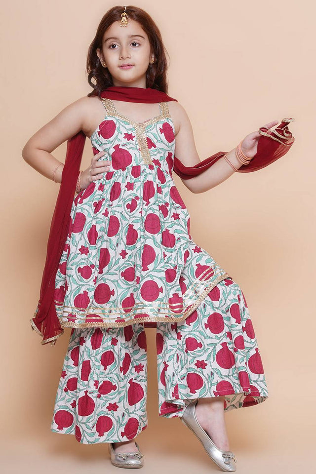 Girl's White Floral Printed Cotton Kurta Set