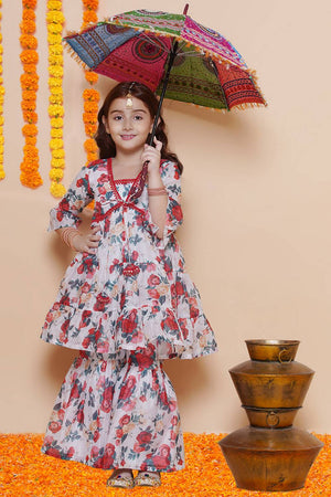 Girl's White Floral Printed Silk Kurta Set
