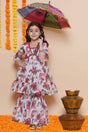 Girl's White Floral Printed Silk Kurta Set