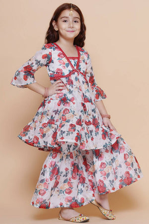 Girl's White Floral Printed Silk Kurta Set