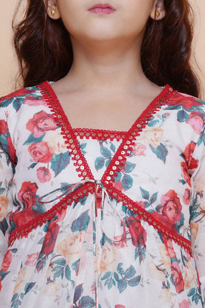 Girl's White Floral Printed Silk Kurta Set