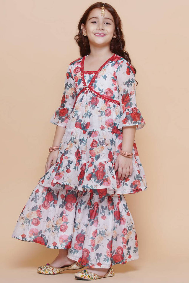 Girl's White Floral Printed Silk Kurta Set