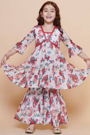Girl's White Floral Printed Silk Kurta Set