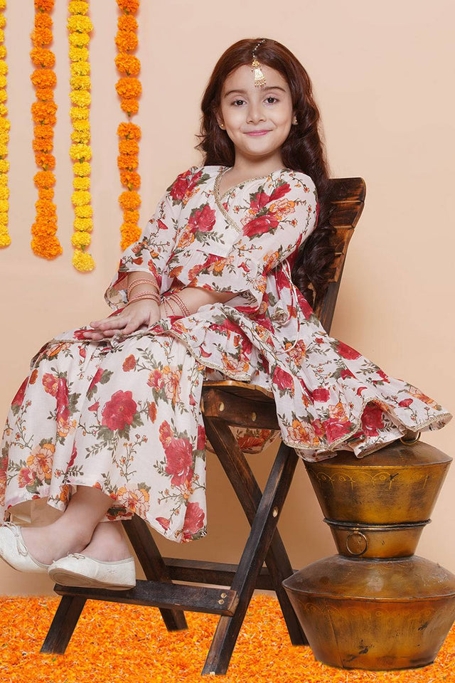 Girl's White Floral Printed Silk Kurta Set