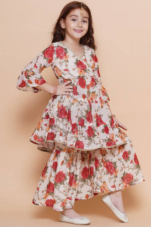Girl's White Floral Printed Silk Kurta Set