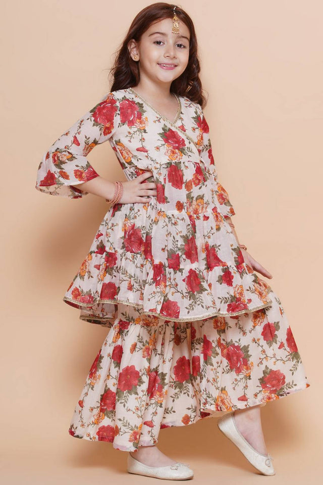 Girl's White Floral Printed Silk Kurta Set