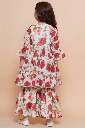 Girl's White Floral Printed Silk Kurta Set