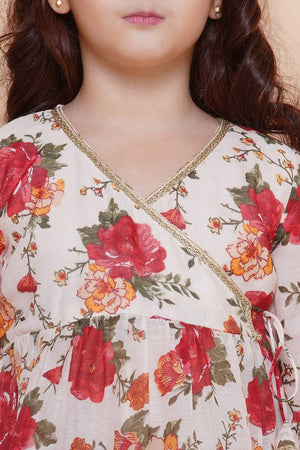 Girl's White Floral Printed Silk Kurta Set