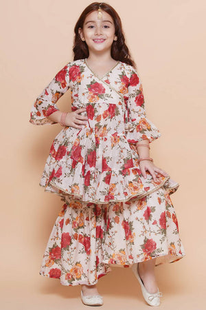 Girl's White Floral Printed Silk Kurta Set